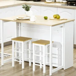 Isla de cocina Colina Homcom con ala abatible 4 compartimentos + armario blanco/natural 91x116x79,5 cm