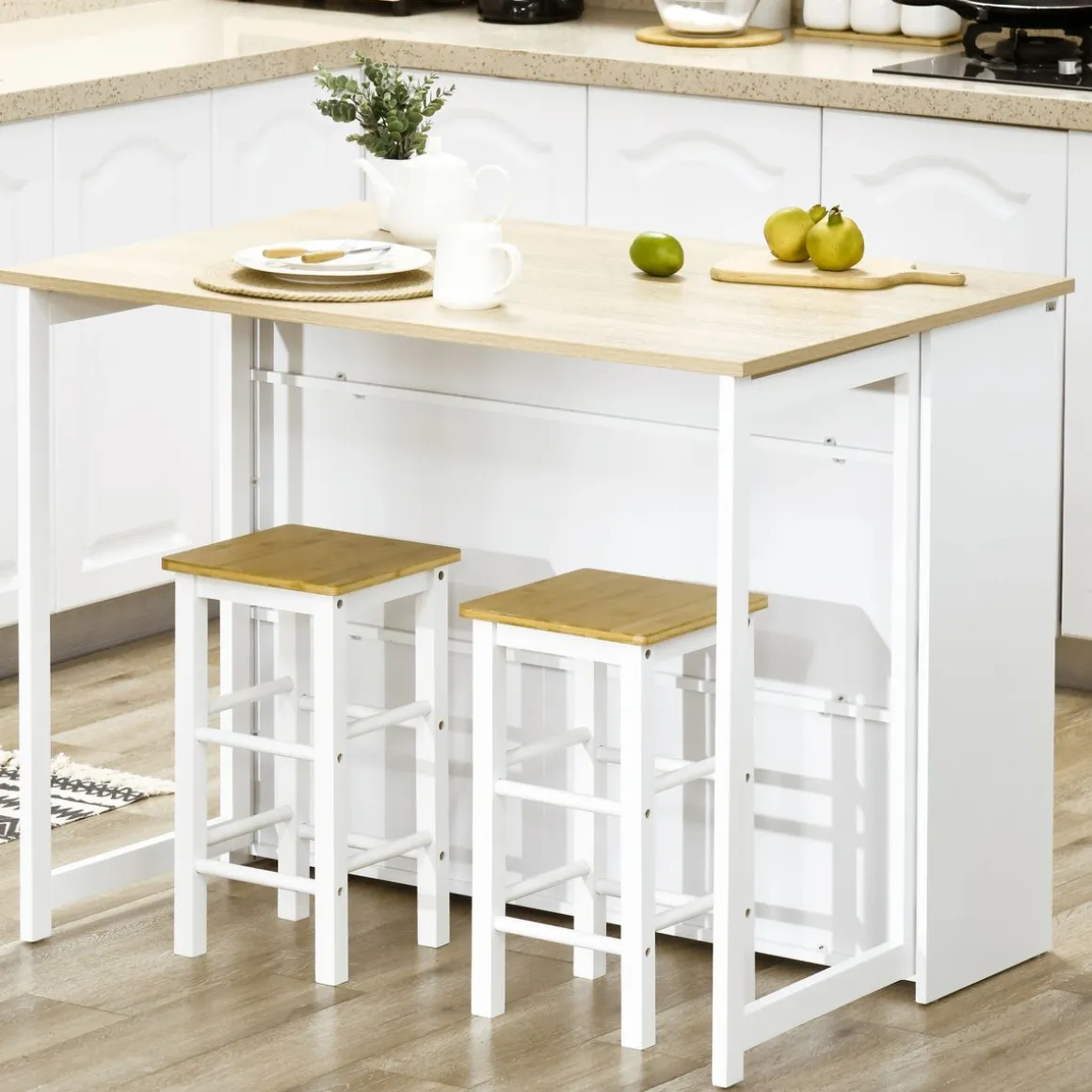 Isla de cocina Colina Homcom con ala abatible 4 compartimentos + armario blanco/natural 91x116x79,5 cm