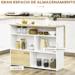 Isla de cocina Colina Homcom con ala abatible 4 compartimentos + armario blanco/natural 91x116x79,5 cm