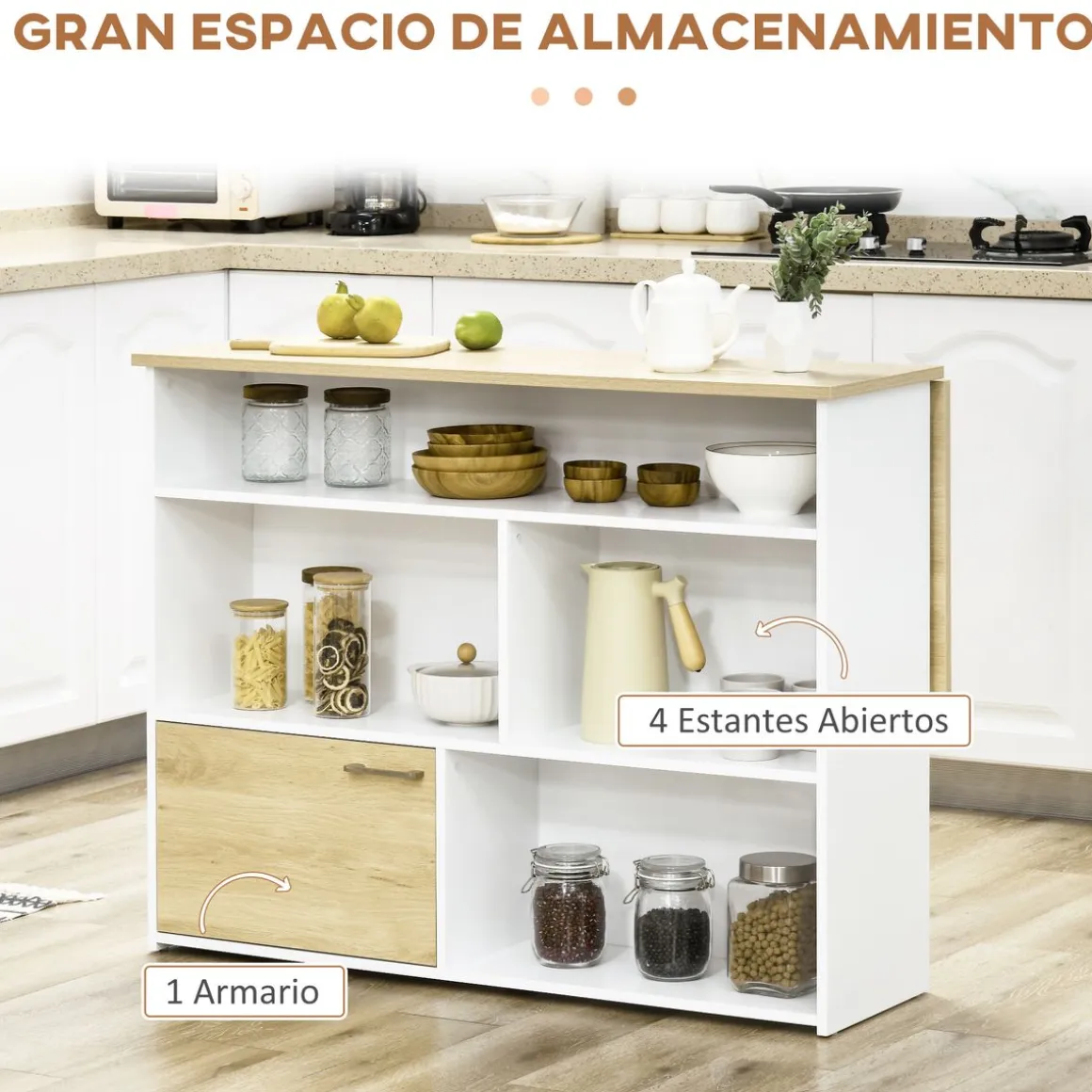 Isla de cocina Colina Homcom con ala abatible 4 compartimentos + armario blanco/natural 91x116x79,5 cm