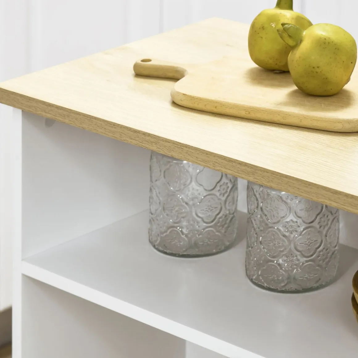 Isla de cocina Colina Homcom con ala abatible 4 compartimentos + armario blanco/natural 91x116x79,5 cm