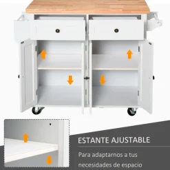 Isla de cocina Homcom 2 cajones 4 puertas especiero barra lateral blanco 82,5x111x44,5 cm