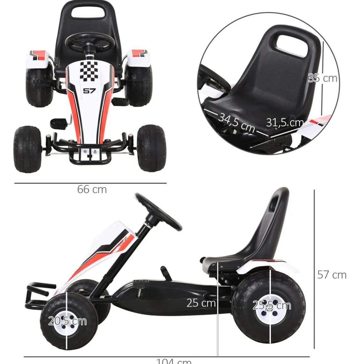 Kart infantil a pedales Homcom asiento ajustable +3A blanco/negro 57x104x66 cm