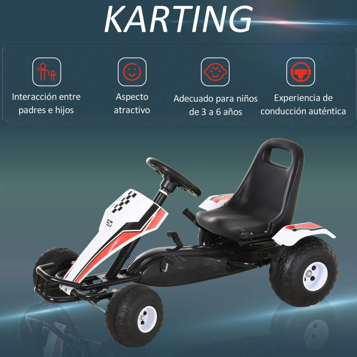 Kart infantil a pedales Homcom asiento ajustable +3A blanco/negro 57x104x66 cm