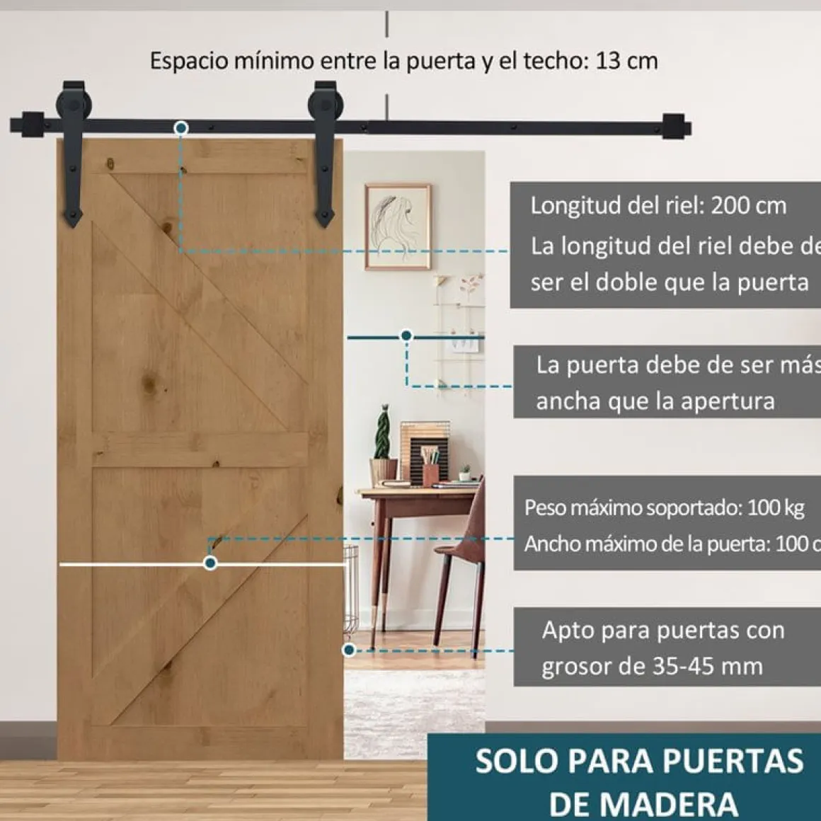 Kit de herrajes de puerta corredera Homcom negro 200 cm