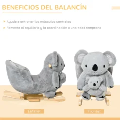 Koala balancín infantil Homcom con títere y sonidos +18M gris 50x33x60 cm