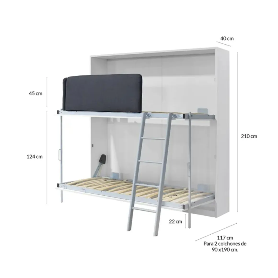 Litera abatible Matilda con somieres y esclera blanco 90x190 cm