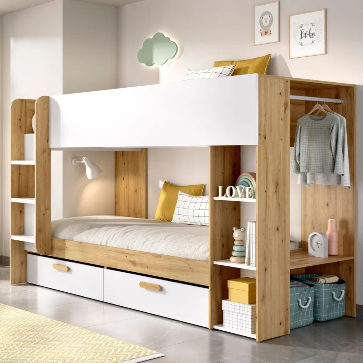 Litera Vinty con 2 camas + almacenaje nordic/blanco 150x246x110 cm