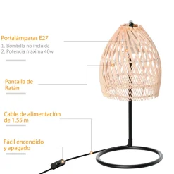 Lámpara de mesa Wakiki Homcom 40W pantalla ratán natural Ø20x41 cm