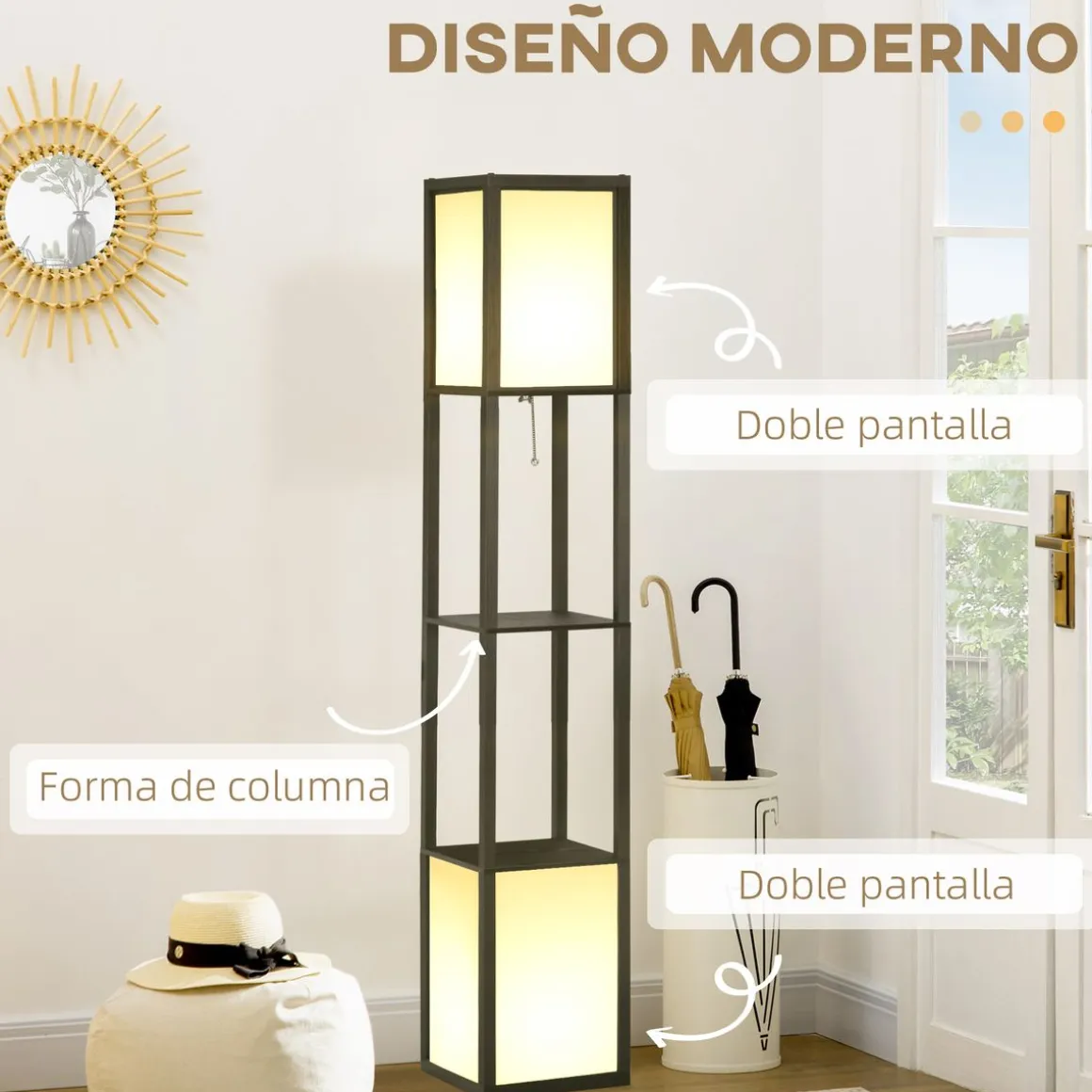 Lámpara de pie Homcom Pegaso 2 estantes 40W E27 negro/blanco 156x26x26 cm