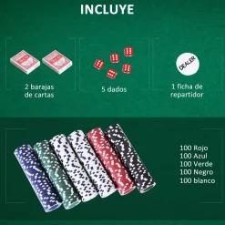 Maletín de póker Homcom 500 fichas 5 dados + 2 barajas + 1 ficha crupier multicolor 6,5x55,5x22 cm