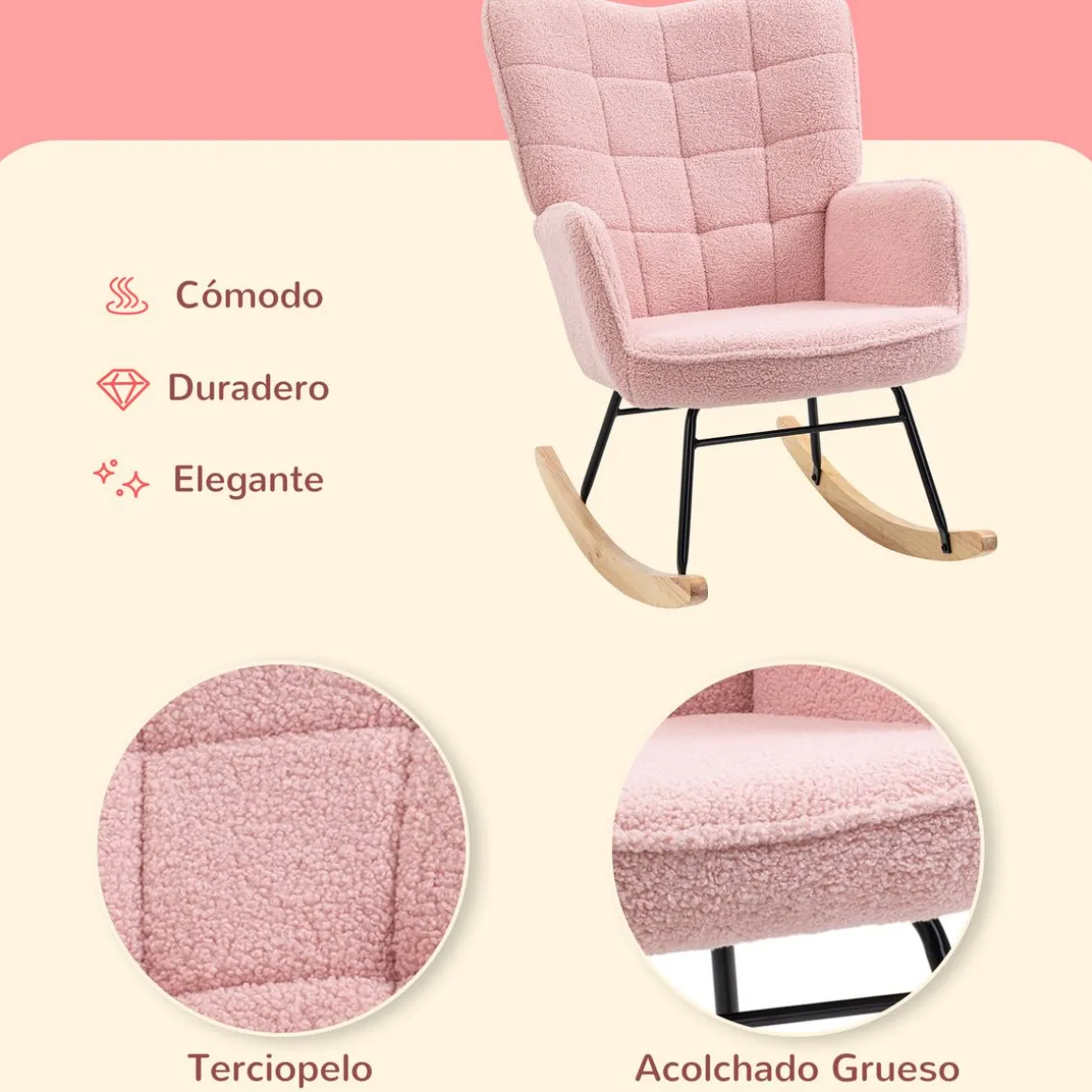 Mecedora Rouse Homcom respaldo alto con reposabrazos rosa 101x71x98 cm
