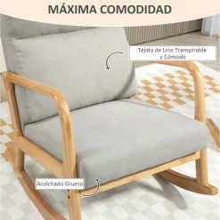 Mecedora Tánger Homcom respaldo acolchado + reposabrazos gris/natural 94,5x65x87 cm