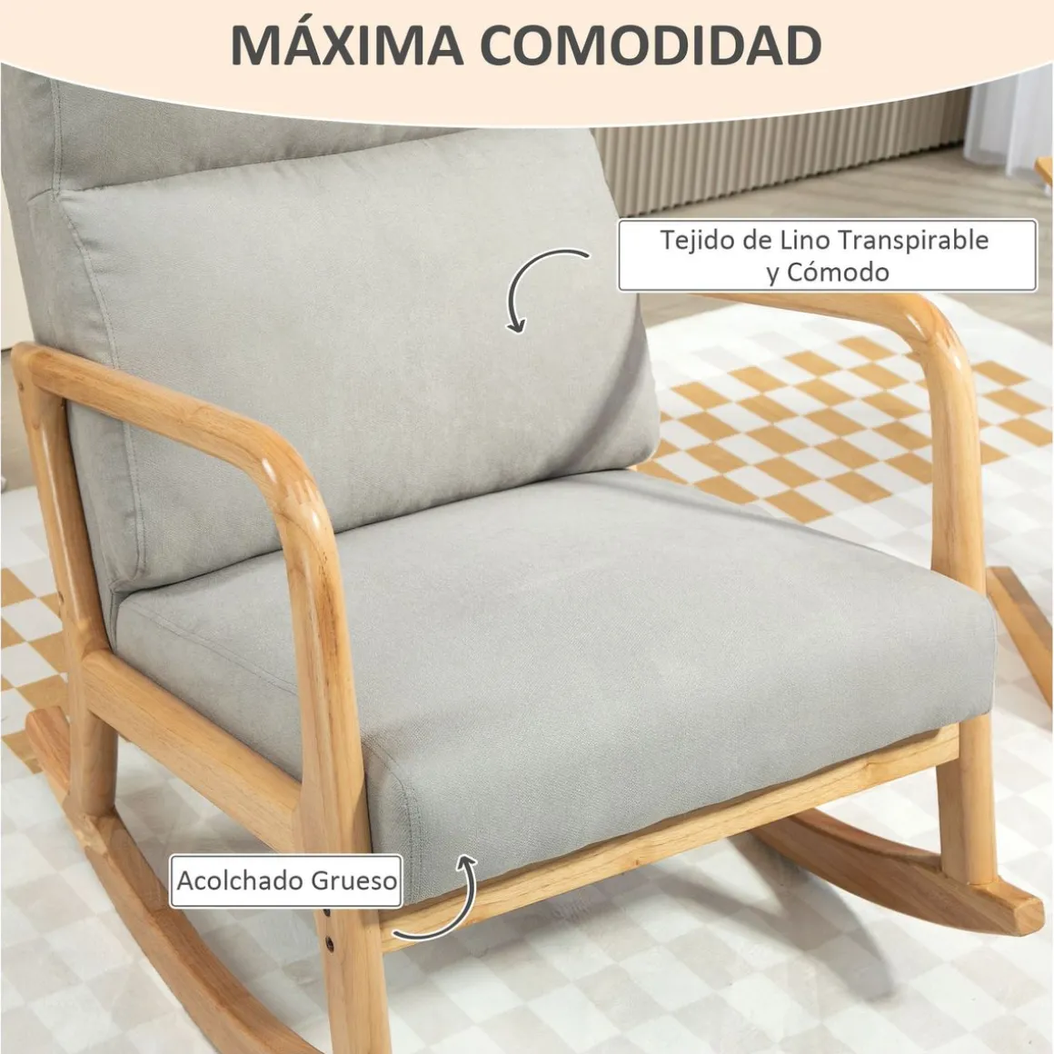 Mecedora Tánger Homcom respaldo acolchado + reposabrazos gris/natural 94,5x65x87 cm
