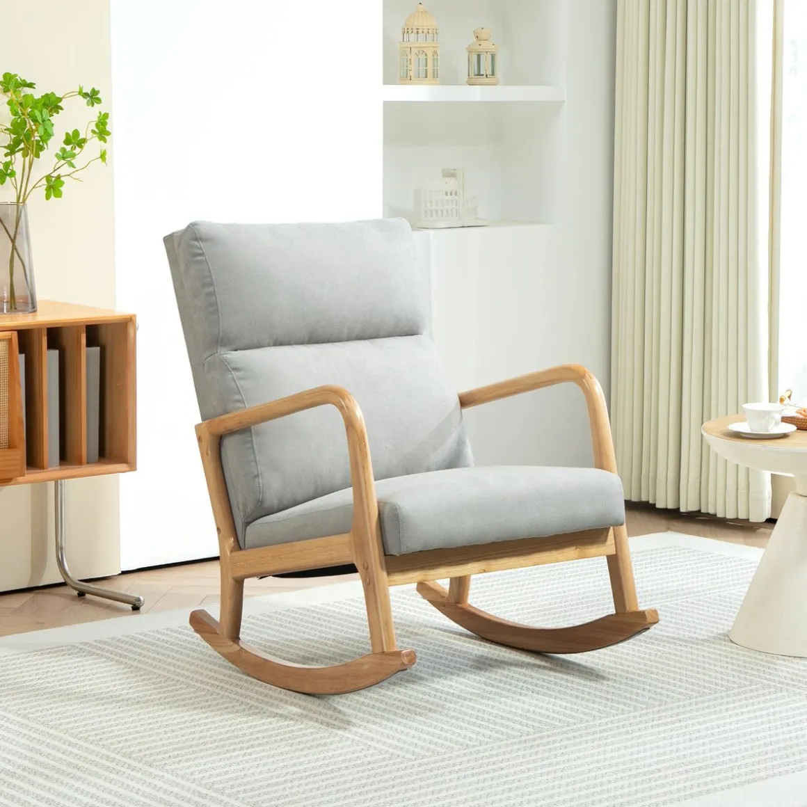 Mecedora Tánger Homcom respaldo acolchado + reposabrazos gris/natural 94,5x65x87 cm