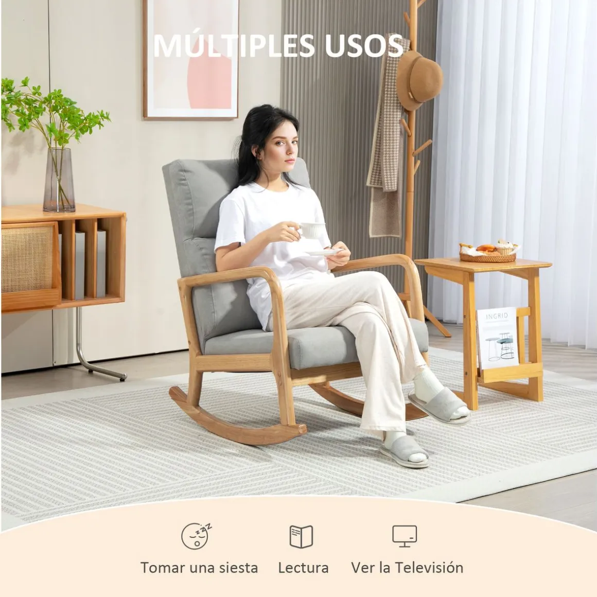 Mecedora Tánger Homcom respaldo acolchado + reposabrazos gris/natural 94,5x65x87 cm