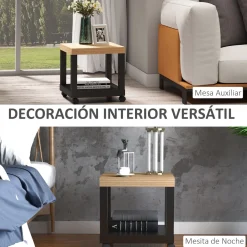 Mesa auxiliar Caster Homcom con ruedas + estante abierto negro/natural 40x40x40 cm