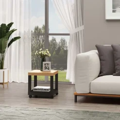 Mesa auxiliar Caster Homcom con ruedas + estante abierto negro/natural 40x40x40 cm