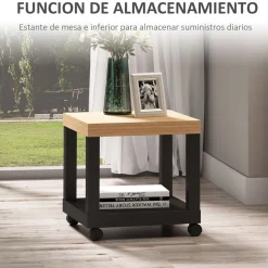 Mesa auxiliar Caster Homcom con ruedas + estante abierto negro/natural 40x40x40 cm