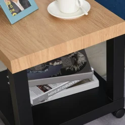 Mesa auxiliar Caster Homcom con ruedas + estante abierto negro/natural 40x40x40 cm