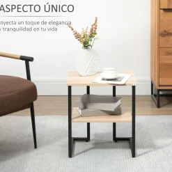 Mesa auxiliar Centauro Homcom 2 estantes pies ajustables negro/natural 48x35x45 cm