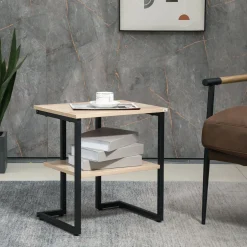 Mesa auxiliar Centauro Homcom 2 estantes pies ajustables negro/natural 48x35x45 cm