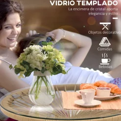 Mesa auxiliar de jardín Outsunny redonda tapa de vidrio beige Ø50x50 cm