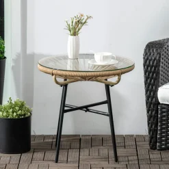Mesa auxiliar de jardín Outsunny redonda tapa de vidrio beige Ø50x50 cm