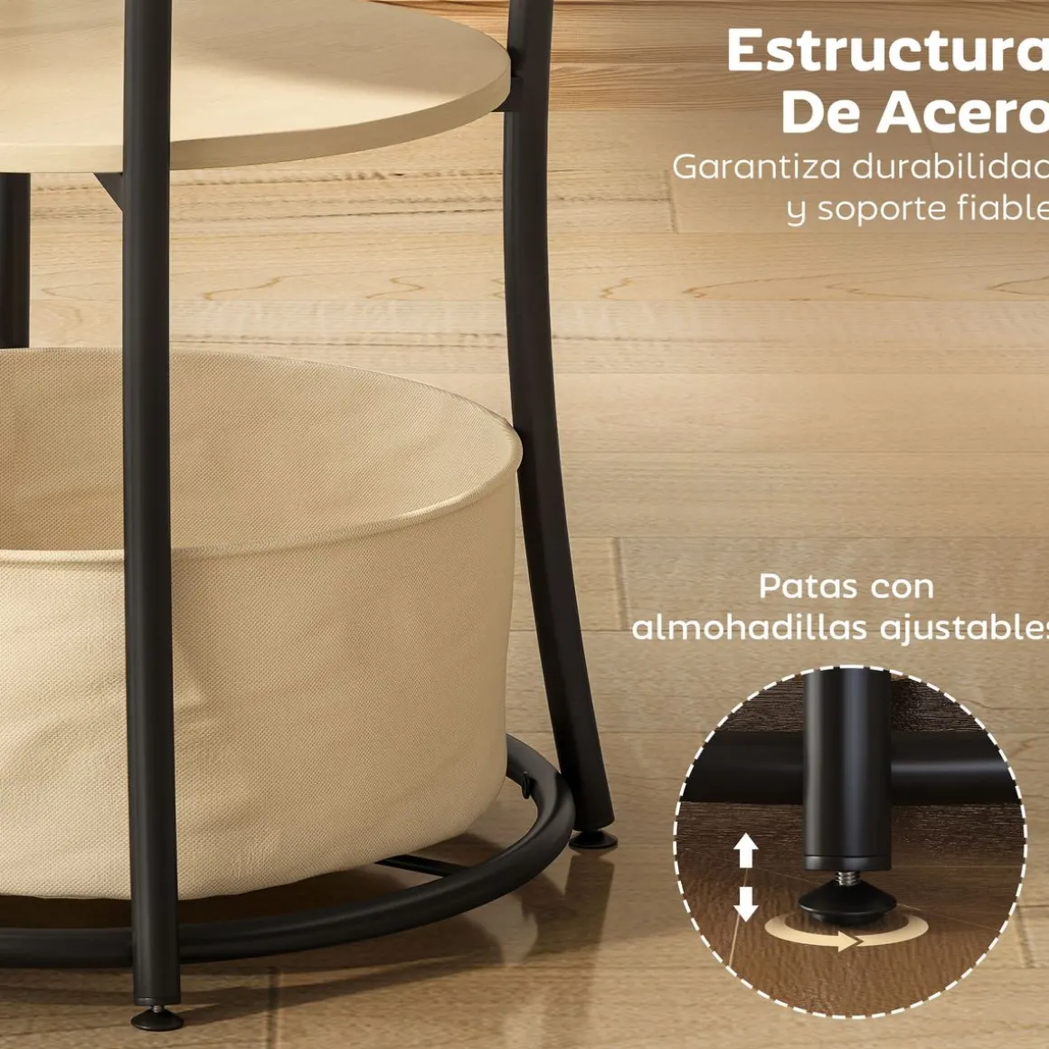Mesa auxiliar Gabriela Homcom 3 estantes + estación de carga natural Ø50x55 cm