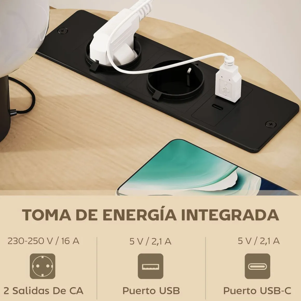 Mesa auxiliar Gabriela Homcom 3 estantes + estación de carga natural Ø50x55 cm