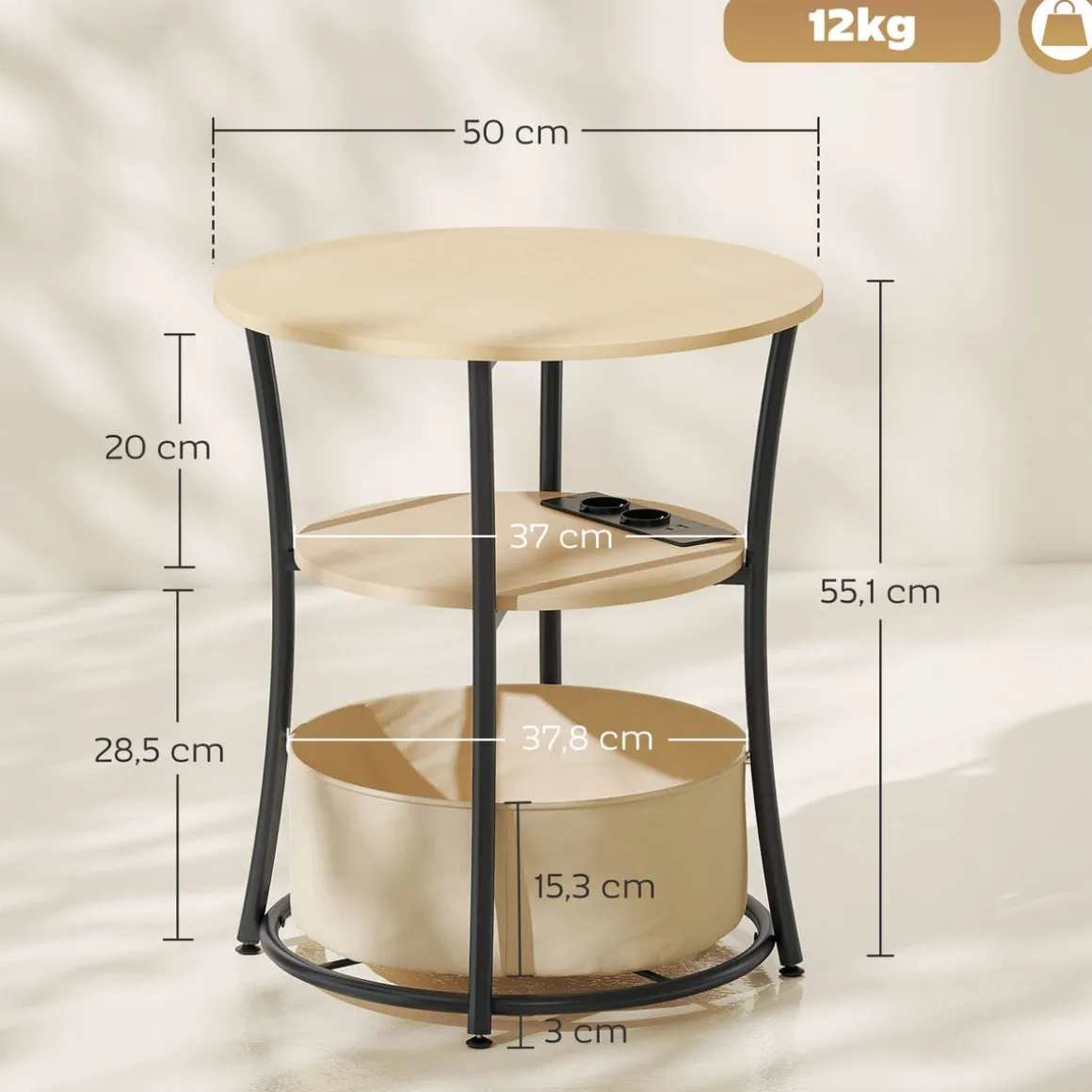 Mesa auxiliar Gabriela Homcom 3 estantes + estación de carga natural Ø50x55 cm