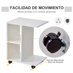 Mesa auxiliar Homcom 2 estantes + ruedas blanco 58x45x35 cm