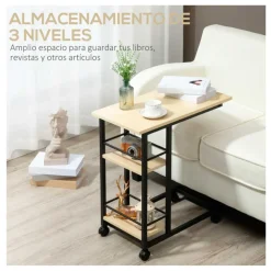 Mesa auxiliar Homcom con ruedas 2 estantes natural/negro 64,5x60x34,5 cm