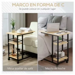 Mesa auxiliar Homcom con ruedas 2 estantes natural/negro 64,5x60x34,5 cm