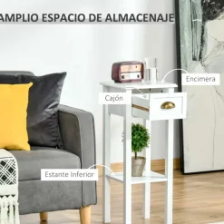 Mesa auxiliar Homcom con cajón + estante blanco 75x30x30 cm