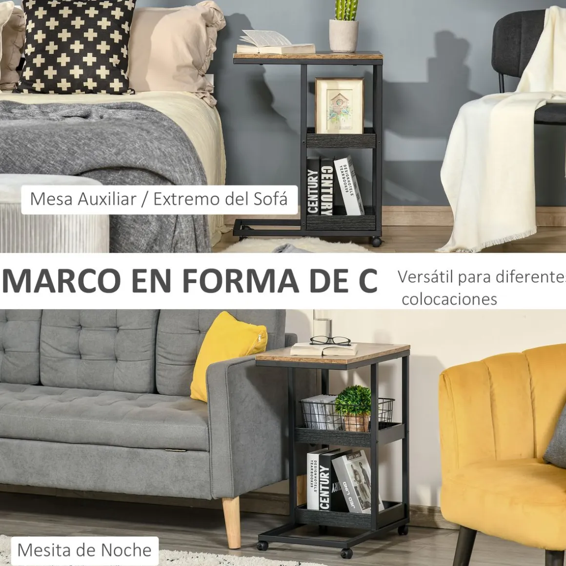Mesa auxiliar Houston Homcom 3 niveles con ruedas marrón 66x33x51 cm