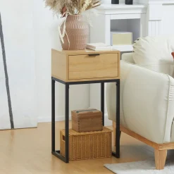 Mesa auxiliar Lenda Homcom con cajón natural 76x40x30 cm