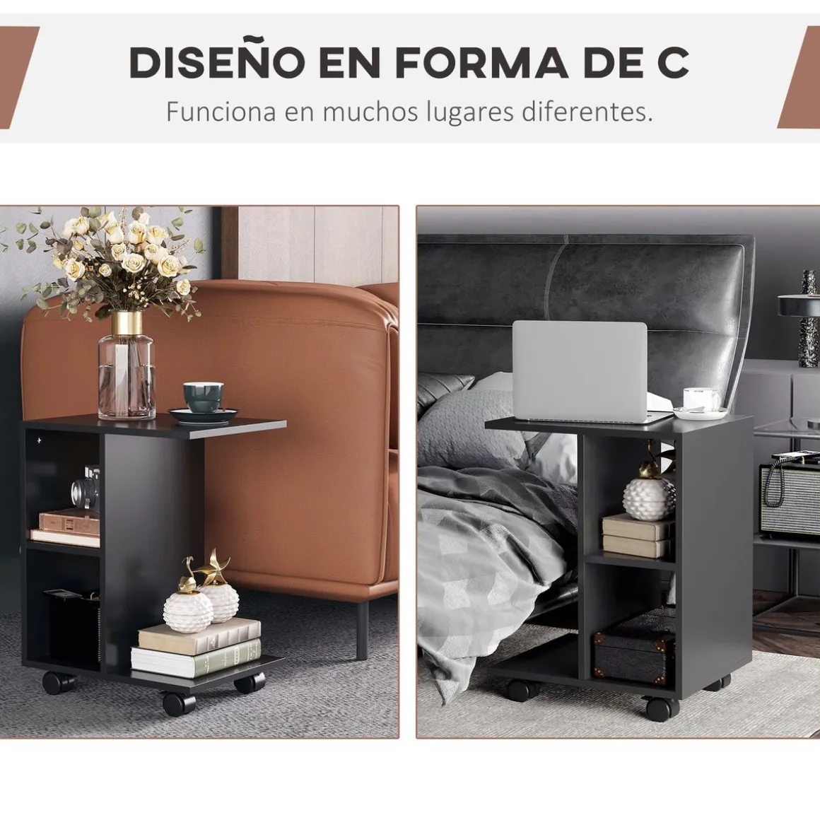 Mesa auxiliar Margarita Homcom 3 niveles con ruedas negro 58x45x35 cm