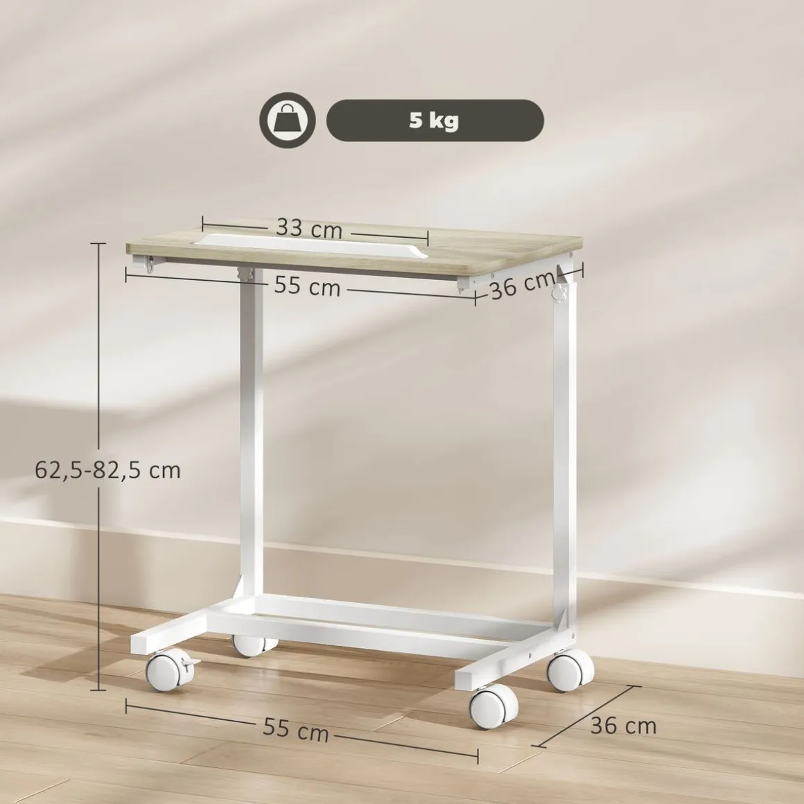Mesa auxiliar Olvian Homcom altura ajustable natural/blanco 62,5-82,5x55x36 cm