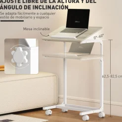 Mesa auxiliar Olvian Homcom altura ajustable natural/blanco 62,5-82,5x55x36 cm