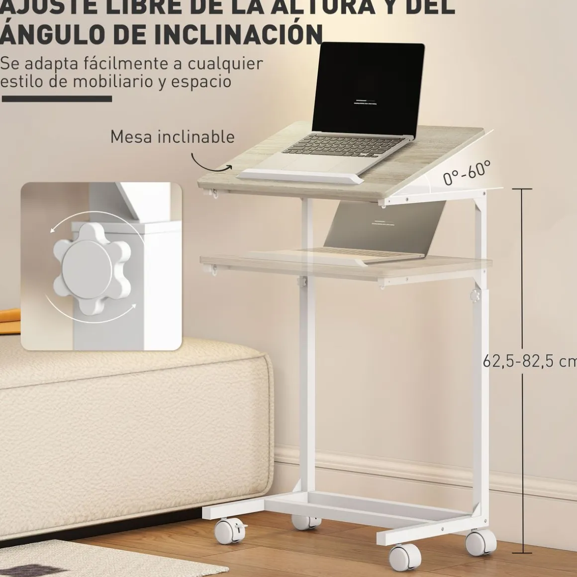 Mesa auxiliar Olvian Homcom altura ajustable natural/blanco 62,5-82,5x55x36 cm