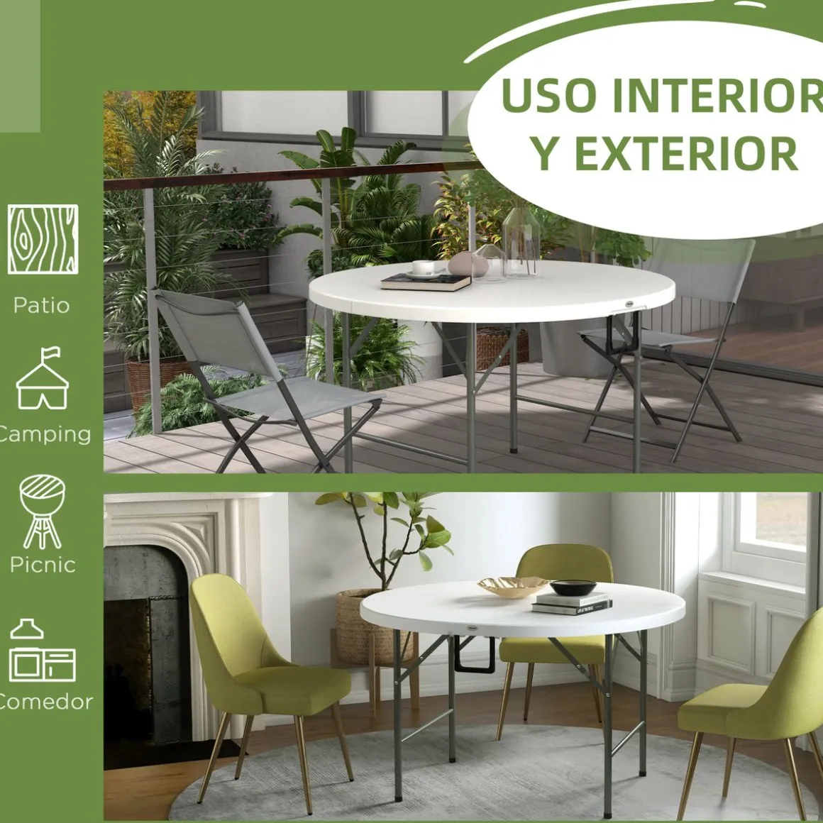 Mesa auxiliar Outsunny plegable con asas blanco Ø122x73 cm