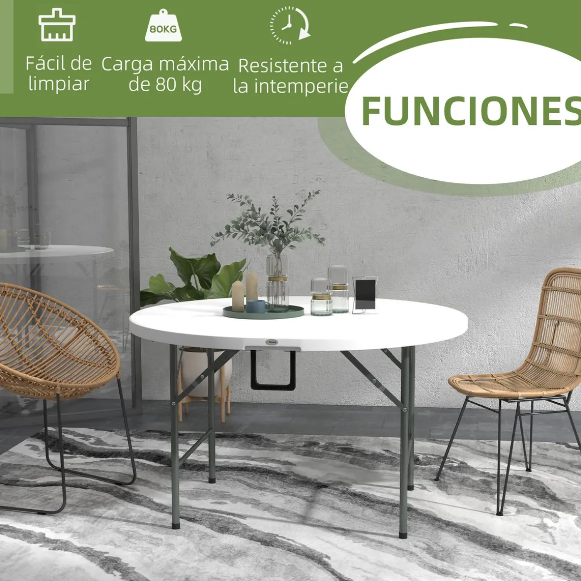 Mesa auxiliar Outsunny plegable con asas blanco Ø122x73 cm