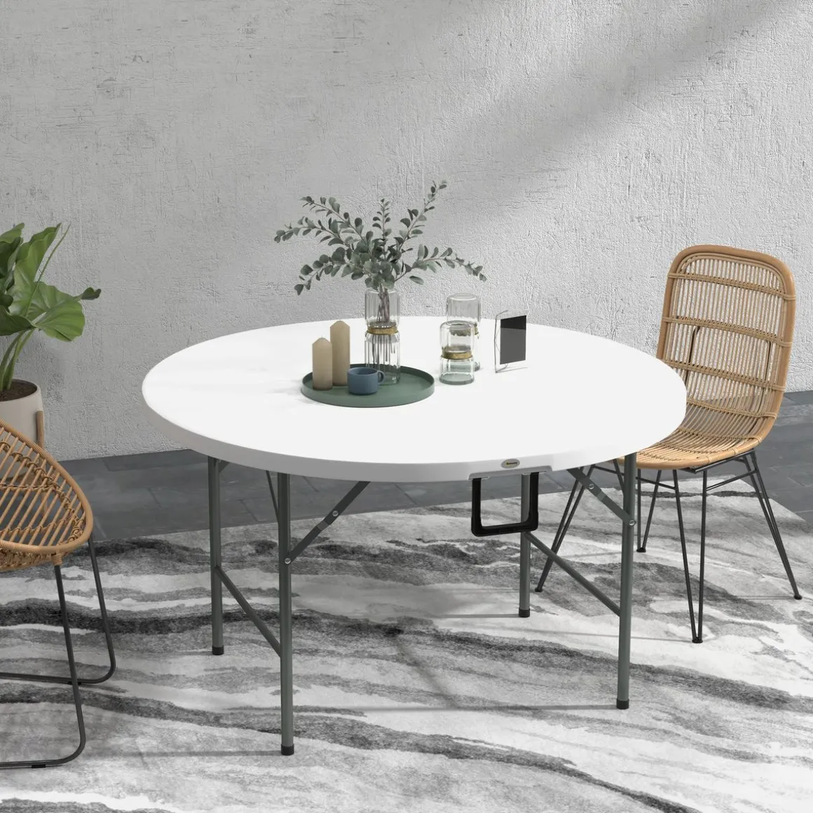 Mesa auxiliar Outsunny plegable con asas blanco Ø122x73 cm
