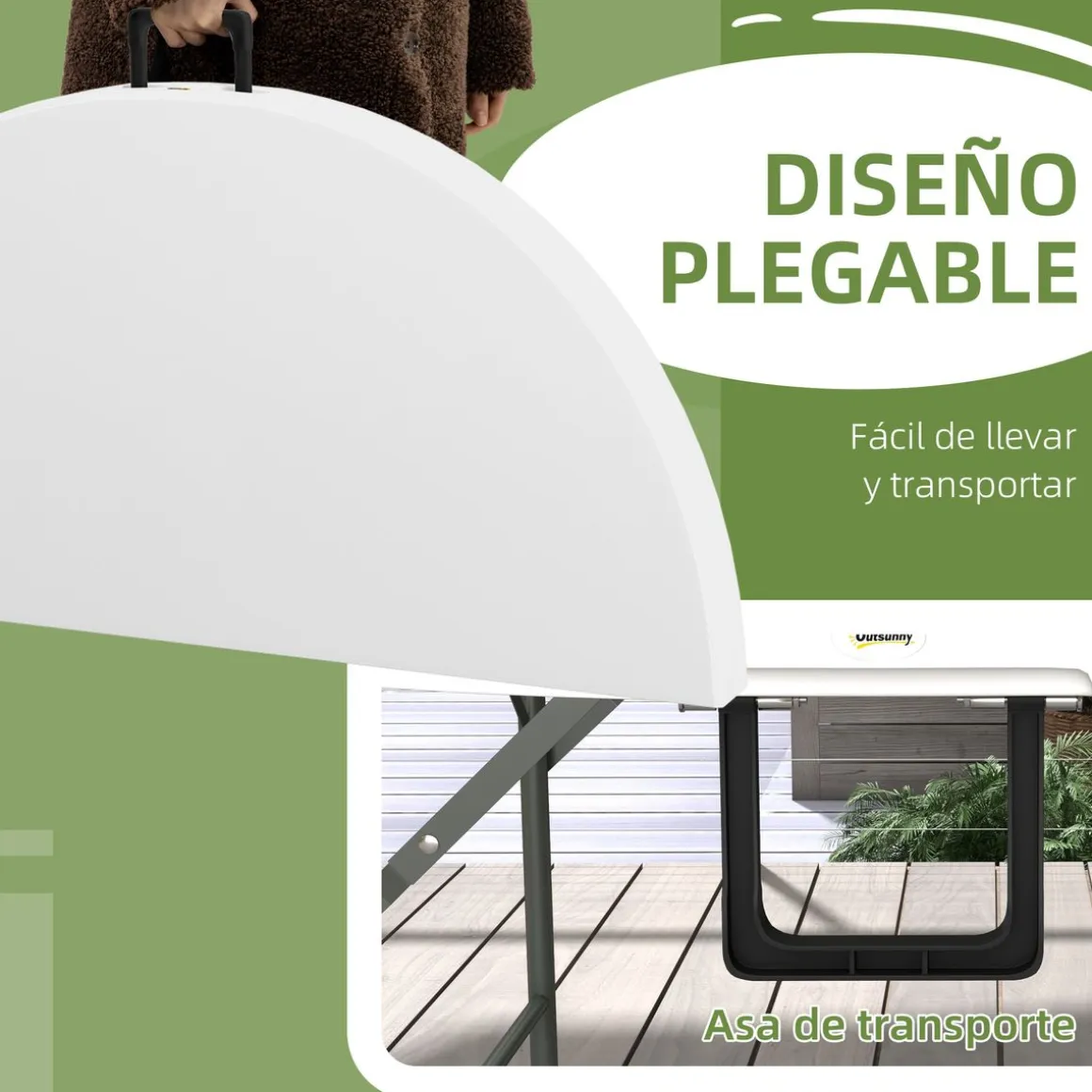 Mesa auxiliar Outsunny plegable con asas blanco Ø122x73 cm