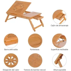 Mesa auxiliar para ordenador Homcom bambú natural 22-30x55x35 cm