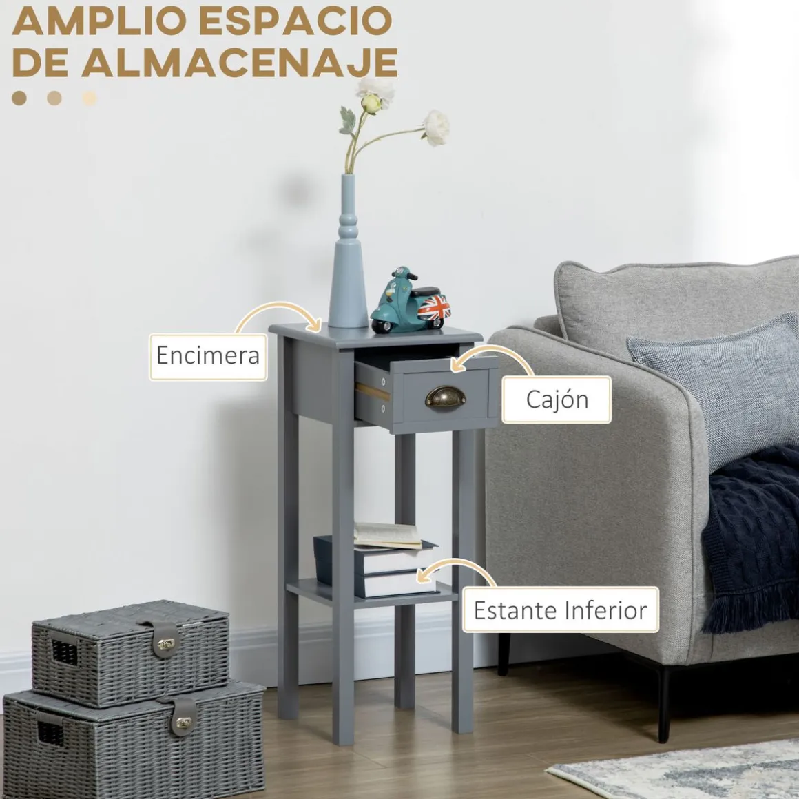 Mesa auxiliar Ronneo Homcom con cajón y estante 75x30x30 cm