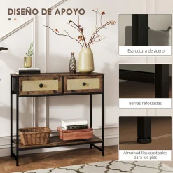 Mesa consola Confort Homcom 2 cajones + balda inferior marrón 75x80x30 cm