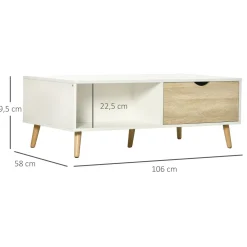 Mesa de centro Bogul Homcom 2 cajones + 2 compartimentos blanco/natural 39,5x106x58 cm