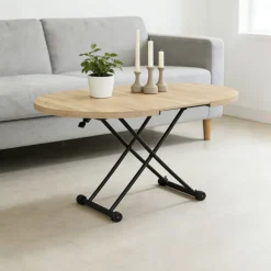 Mesa de centro Gaga diseño redondo elevable y extensible negro/natural 32-79x100-140x100 cm